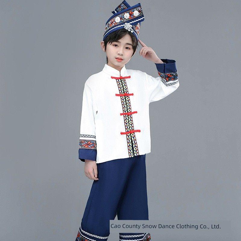 

New March 3 Minority Folk Costume Boys Children s Performance Clothes Performance Dress Guangxi Zhuang Dance Clothes Set Hat + shirt + pants 160cm