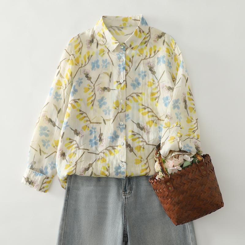 DIMANAF 2025 Blouse Women Long Sleeve Linen Vintage Blouses Shirts Tops Tees Loose Floral Tees