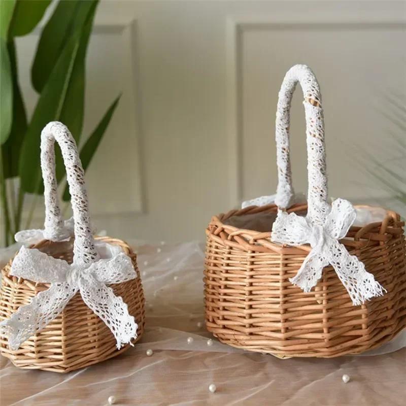 With Lace Decoration Handle Natural Rattan Storage Basket Wedding Girls Flower Basket Wicker Hand Weaving Crafts