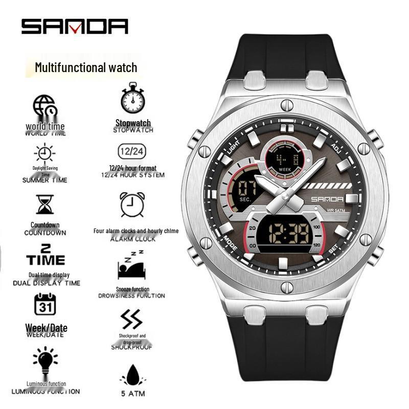 SANDA Dual Display Sports Watch: Multifunctional, Luminous, Waterproof Men s Alarm Clock Watch.