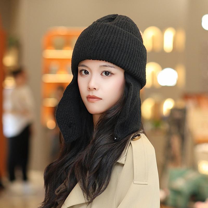 Korean Solid Color Earmuff Knitted Hat Winter Keep Warm Versatile Beanie For Women