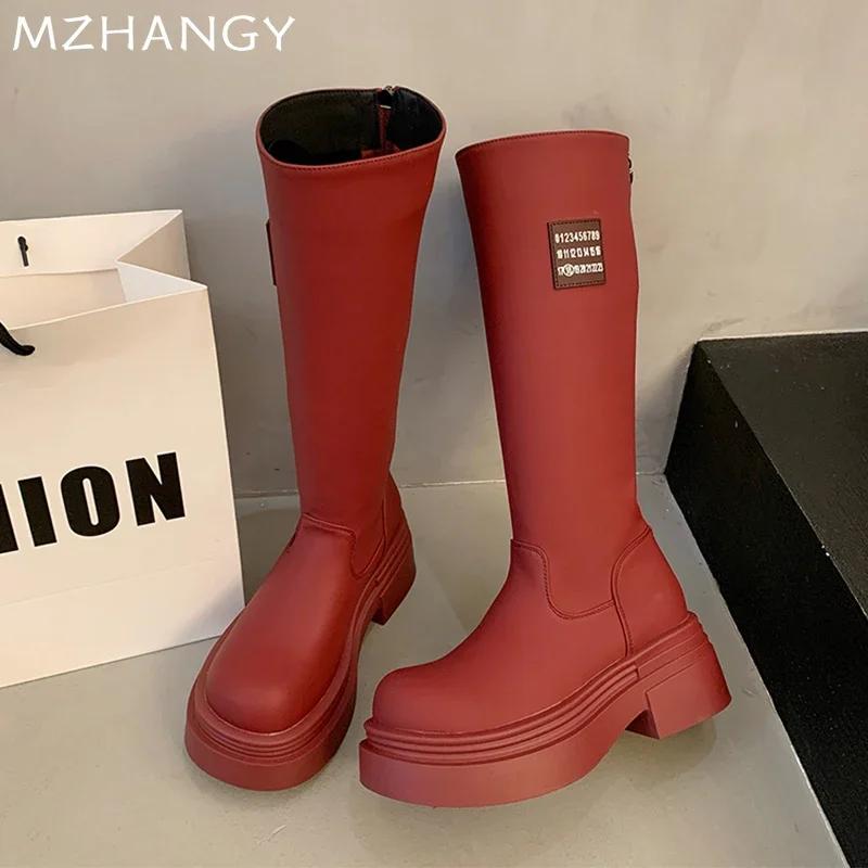 Платформа Женские Высокие Сапоги Высокий Каблук Кожаная Модная Женская Обувь Ботильоны — фото 3