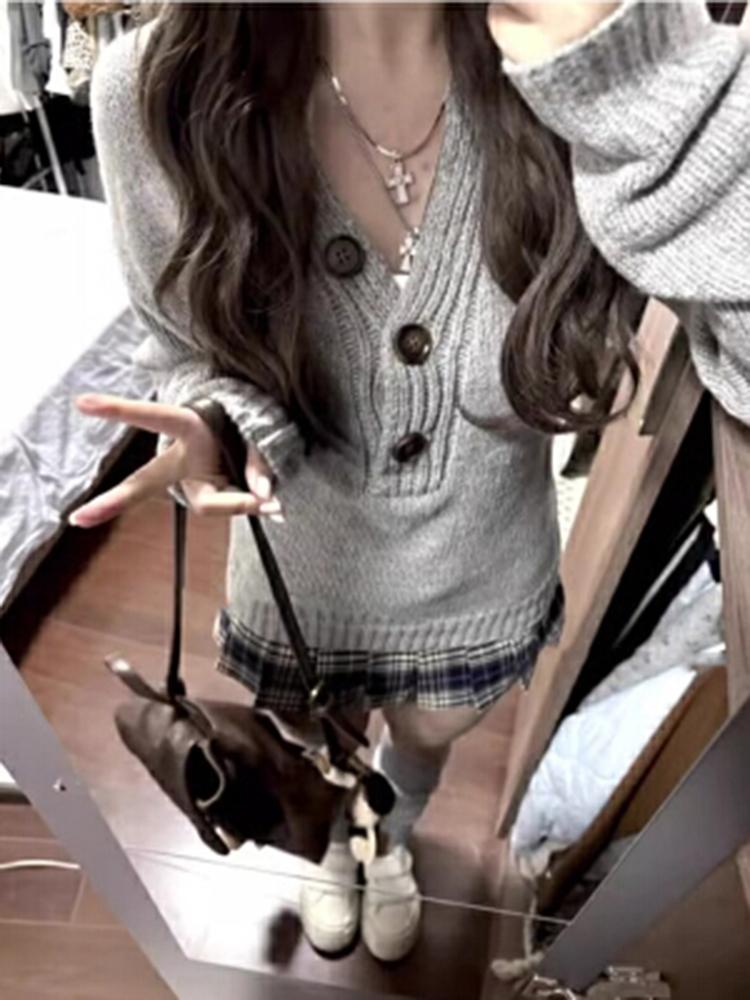 2KWEIRD Damen Grau Langarm Strickpullover Spice Girls Slim Pullover Herbst Winter Neu Bequeme Lässige Pullover