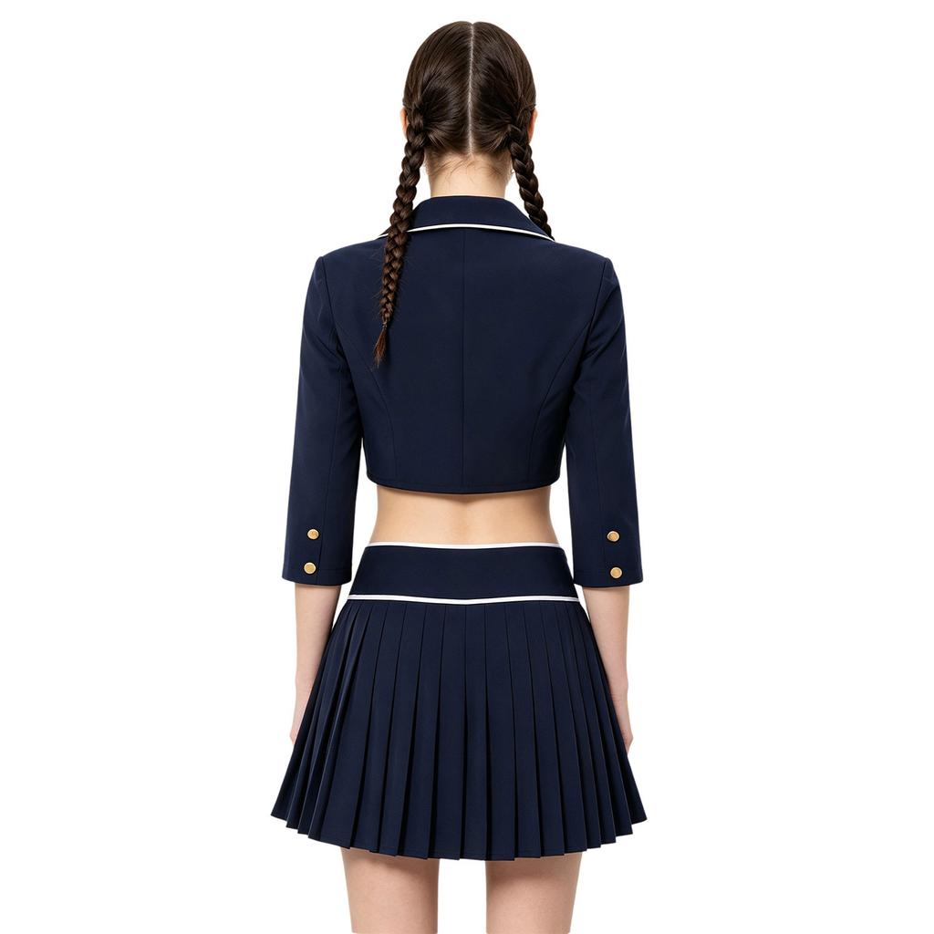 Women Halloween Cosplay Outfit Lapel Collar 3/4 Sleeve Cropped Blazer Jacket and Side Zip Skirt Set for Themed Party Stage