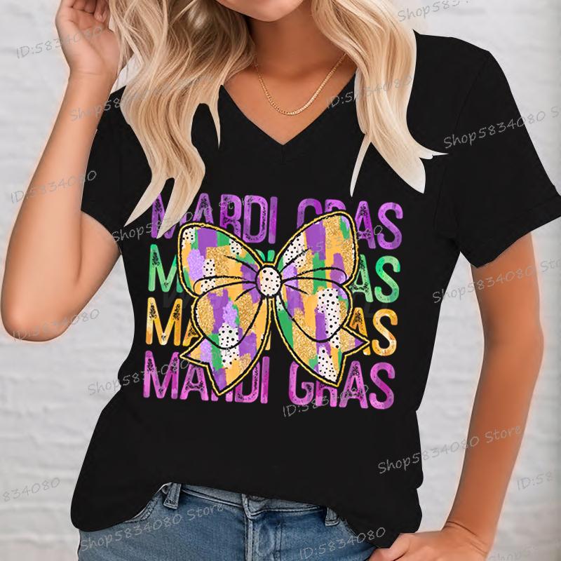 Mode Damen MardiGras T-Shirt Vintage New Orleans Karneval Schleife Shirt V-Ausschnitt Kurzarm Festival Party Tops Mardi Gras Tees