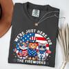 We're Just Here For The Fire Works Funny Cat Fireworks Meme, Patriotic 4th of July Cat Lovers Shirt, Fourth of July T-Shirt
