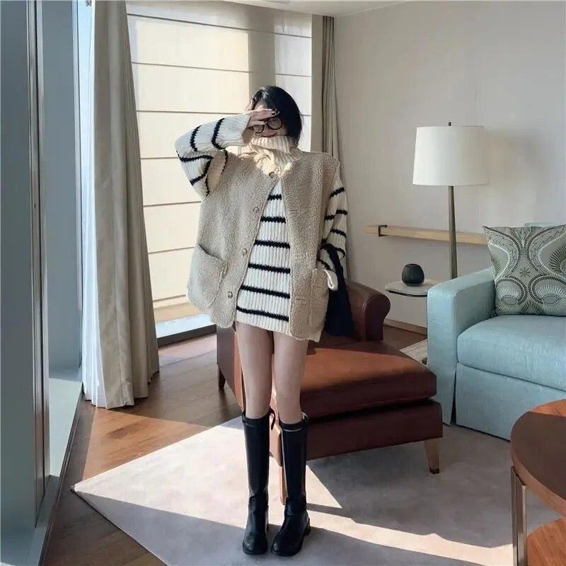 Dámský dlouhý svetr s rolákem Černobílý pruh Volný pletený pulovr Střední délka Teplý Streetwear styl Svetr Podzim a Zima