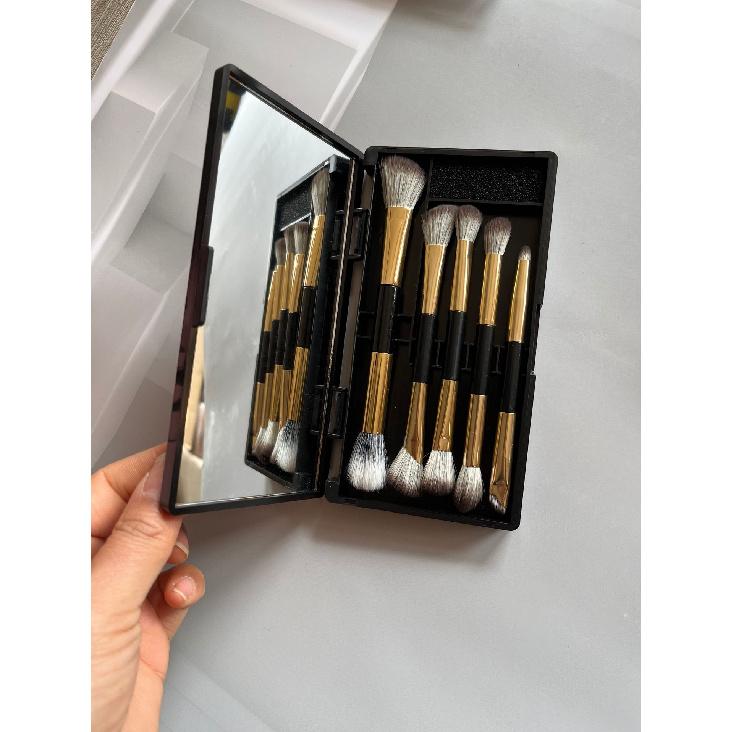 Little Sparrow Makeup Brush Set with Mirror Box, 4 Dual-Head Eyeshadow Brushes, Portable Mirror Brush Box, Multi-Functional Setting Brush