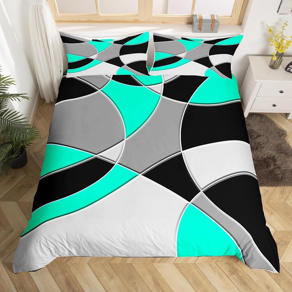 Round Geometric Bedding Set Green Gray Black Abstract Art Bedspread Comfortable Three-Piece Set