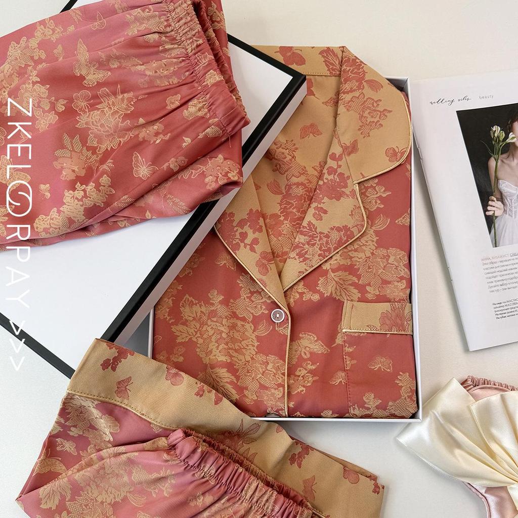 Cationic Chinese Style Ice Silk Jacquard Pajamas Set for Women - Retro Homewear Also Suitable for Outdoor Wear