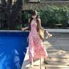 French coffee break pink floral suspender dress women's summer waist skirt temperament seaside vacation a word long dress