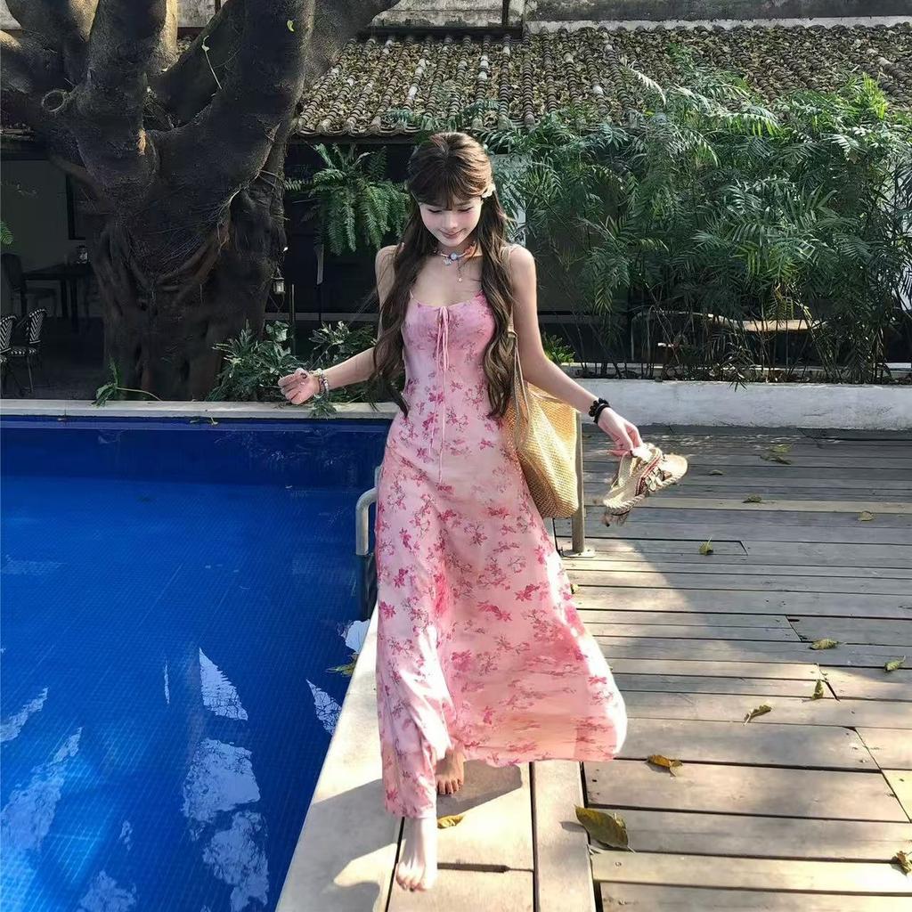 French coffee break pink floral suspender dress women's summer waist skirt temperament seaside vacation a word long dress