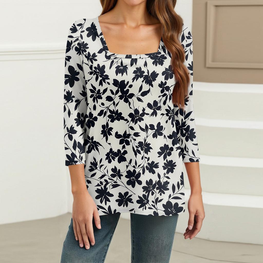 Košile pro dámskou módu Neformální dámské tričko s čtvercovým výstřihem, 3/4 rukávem, volným potištěným tričkem