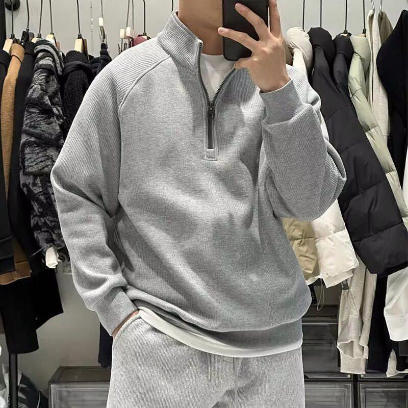 

Мужской однотонный свитшот с воротником-стойкой и застежкой-молнией до середины - Универсальный свободный повседневный топ с длинным рукавом для весны и осени XL чёрный