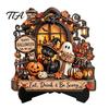 Autumn Seasonal Decorations Halloween Wooden Tabletop Sign, Pumpkin Black Cat Ghost Haunted House Decor Plaque Dining Table Ornaments with Stand,