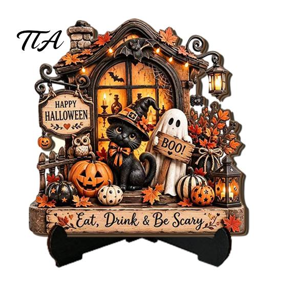 Autumn Seasonal Decorations Halloween Wooden Tabletop Sign, Pumpkin Black Cat Ghost Haunted House Decor Plaque Dining Table Ornaments with Stand,