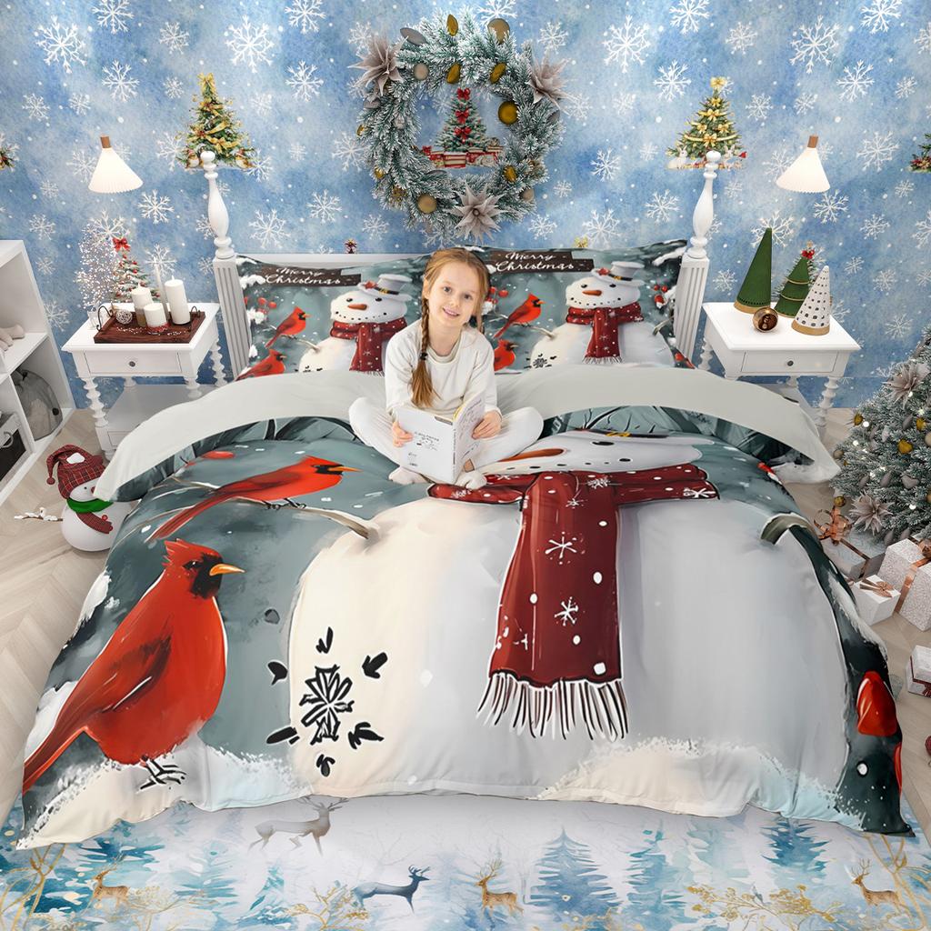 Homewish Kids Merry Christmas Duvet Cover Set 2pcs/3pcs, Gingerbread Xmas Tree Bedding Set, Cute Snowman Snowflake Quilt Cover