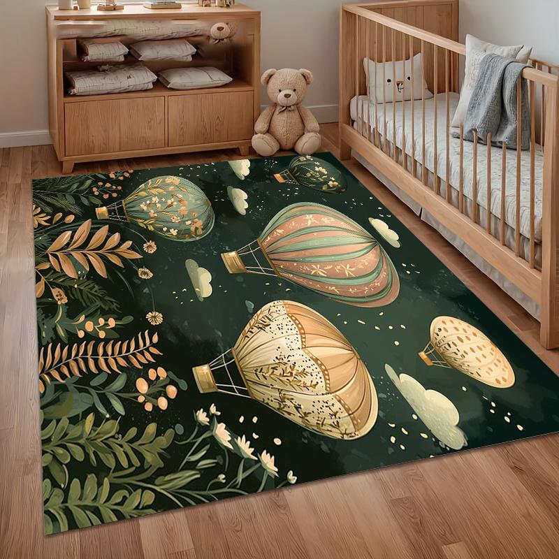 1 Stück Vintage Heißluftballon Teppich Dunkelgrün Floral Muster Rutschfeste Fußmatte für Wohnzimmer Schlafzimmer Retro Heimdeko Teppich