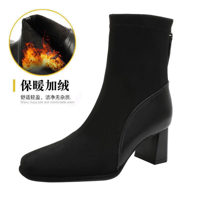 High-heeled Short Boots Women's 2025 New Autumn and Winter Medium Tube Women's Boots Splicing Square Head Thick Heel Thin Boots French Small Short Boo