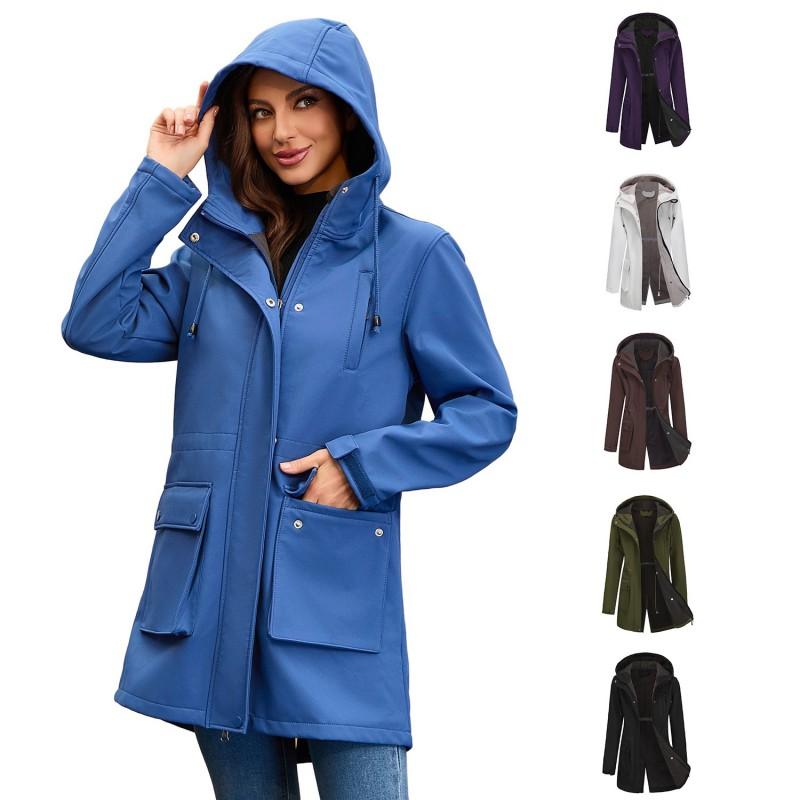Womens Softshell Jacket With Hood Windproof Rain Resistant Outdoor Coat Long Sleeve Loose Fit Hiking Commuting Fall Winter