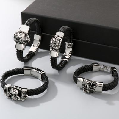 Punk Gothic Men's Bracelets Stainless Steel & Cowhide Wolf Lion Skull Head Bracelet for Men Wrist On Hand Jewelry Birthday Gifts