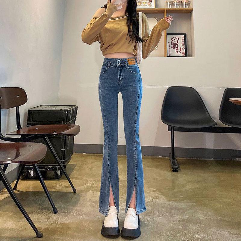 Korean Style High Waist Slit Jeans for Women - Autumn/Winter Slim Fit, Double Button, Elastic Flared Wide Leg Trousers