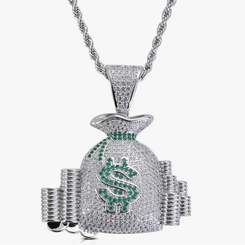 Creative Dollar Sign Money Bag Necklace with Rhinestone Pendants - Trendy Hip Hop Accessory for Men