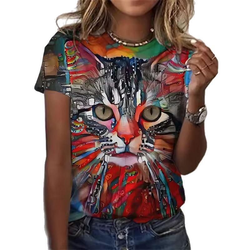 Summer Round Neck 3D Cat Pattern Print Top Fashionable Casual Short Sleeved Women's T-shirts