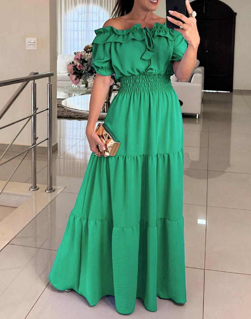 2025 Euro-American Trendy Off-Shoulder Ruffle Puff Sleeve Lace-Up Dress for Women