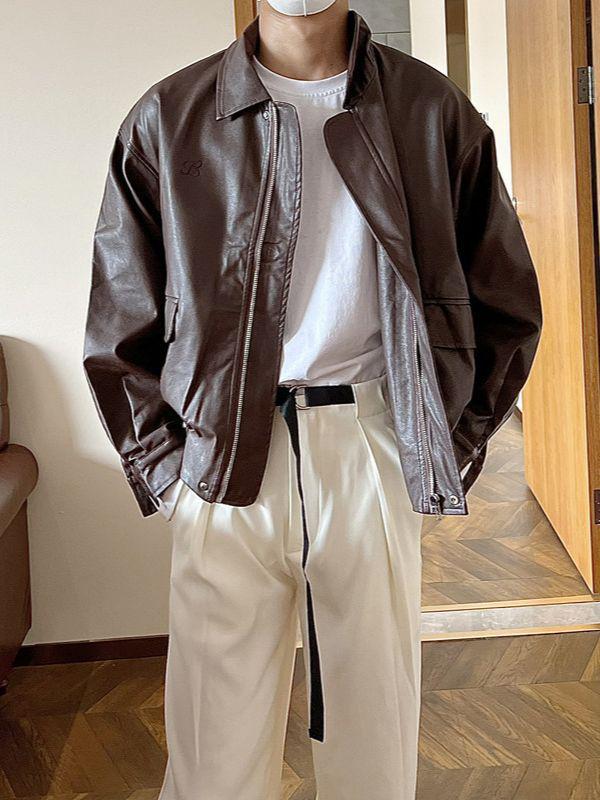 Pánská retro motorkářská bunda s klopami z PU kůže - Ležérní jarní/podzimní styl