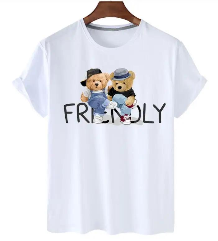 plus Size Trendy Teddy Bear Graphic Tee Casual Short-Sleeved T-Shirt Polyester Fabric Summer Top for Men