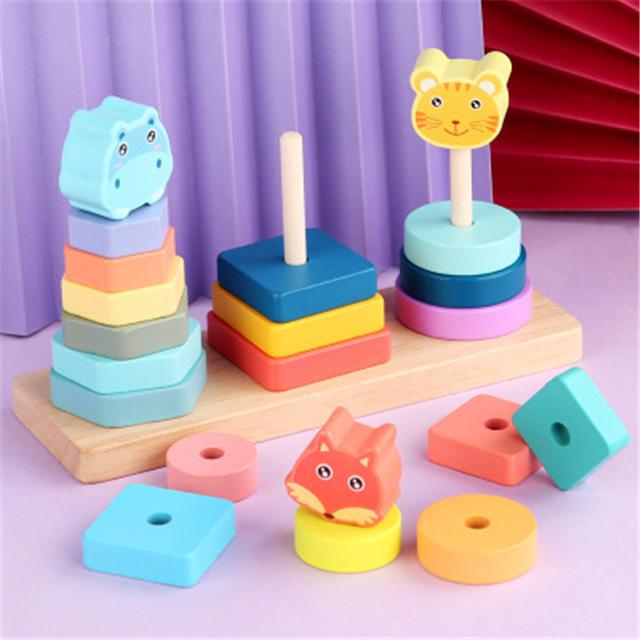 Wooden Baby Building Blocks Toy Shape Matching Recognition Four Sets of Pillars Puzzle Early Education