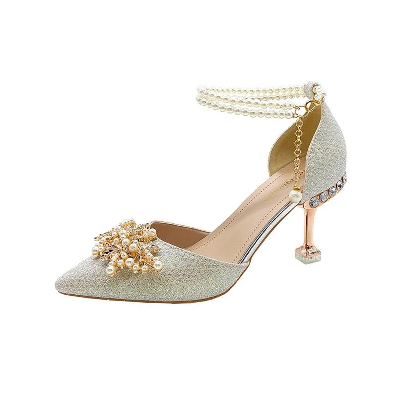 Fashion Shoes Women High Heels Women Wedding Shoes Bride Shoe Ladies Pumps Sandals Pearl Ankle Buckle Elegant Dress Women Heeled Shoes