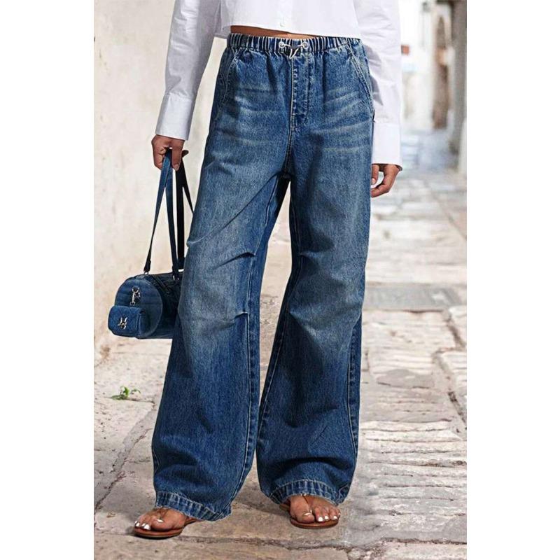 

Spring new mid-waist wide-leg pleated loose jeans women s street retro straight-leg pants XXL темно-синий