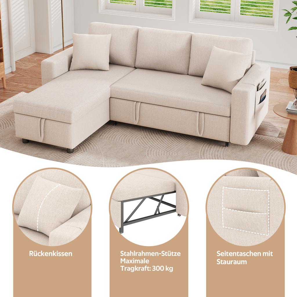 Sofa bed with sleep function, L-shaped sofa, chaise longue with storage space, with pocket storage, left and right interchangeable. Beige.
