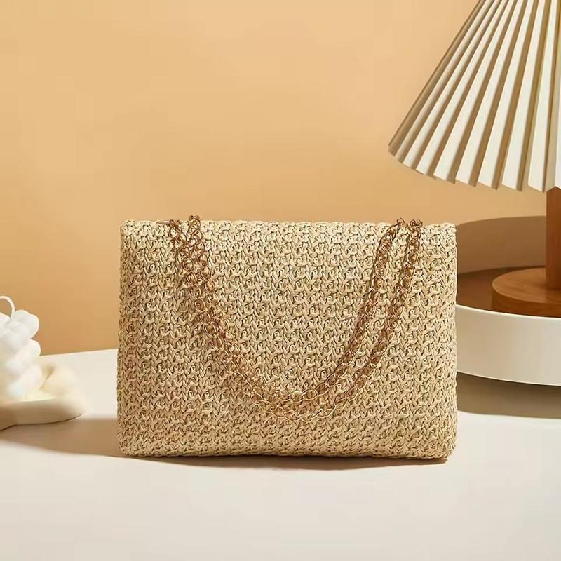 Crossbody Bag for Women Chain Strap Summer Beach Straw Flap Handbag Stylish Accessory Shoulder Bag for Day-to-Night Outfits