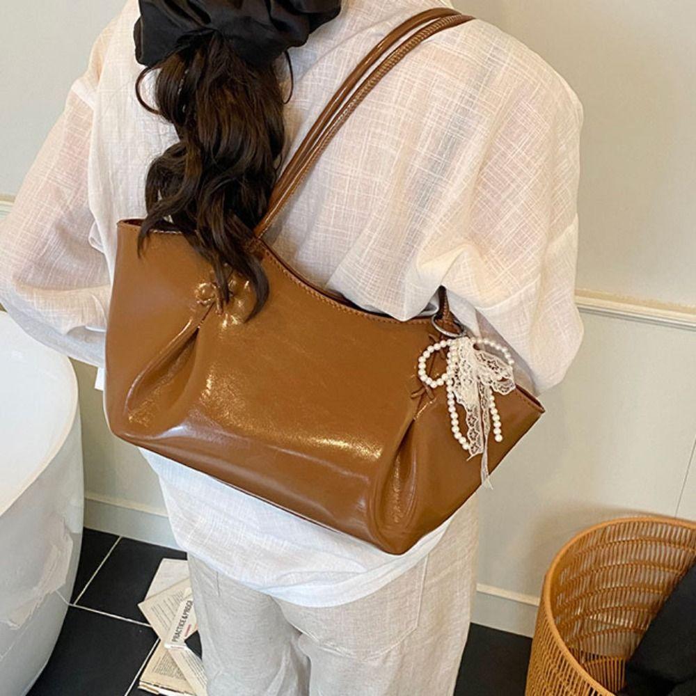 with Pendant Commuting Handbag PU Leather French Tote Bag Autumn Winter Underarm Bag  Travel