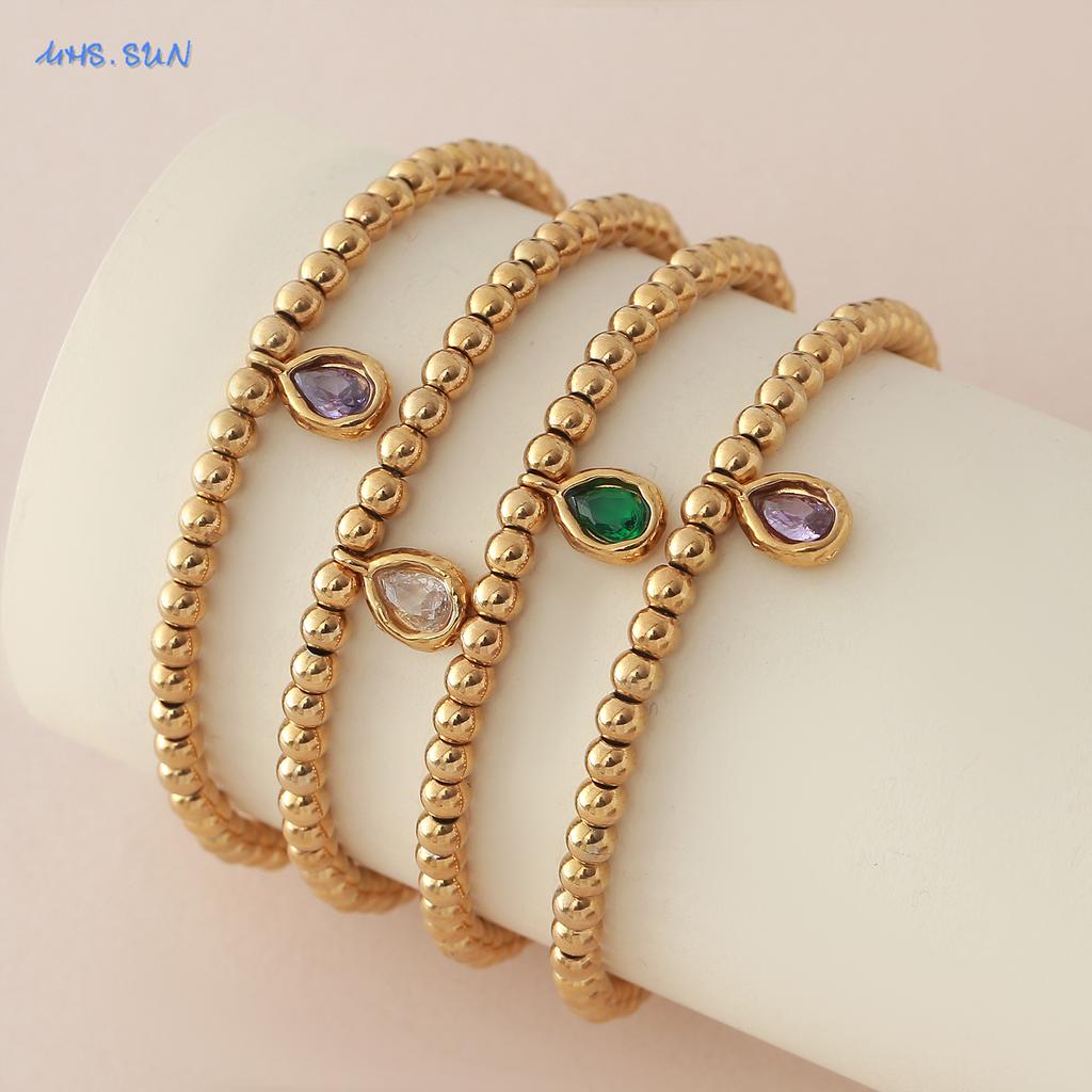 MHS.SUN Stainless Steel Gold Plated 12 Months Birthstone Beaded Bracelets For Women Men Zircon Water Droplet Charm Trend Jewelry