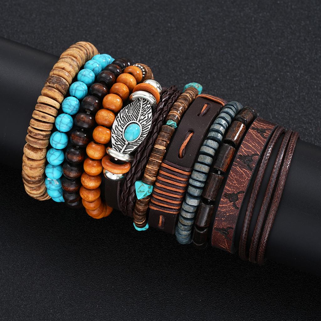 11 Stück/Set Vintage Türkis Leder Holzperlen Armbänder für Männer Braune Farbe Feder Geflochtenes Armband Set Männlicher Party Schmuck Geschenk