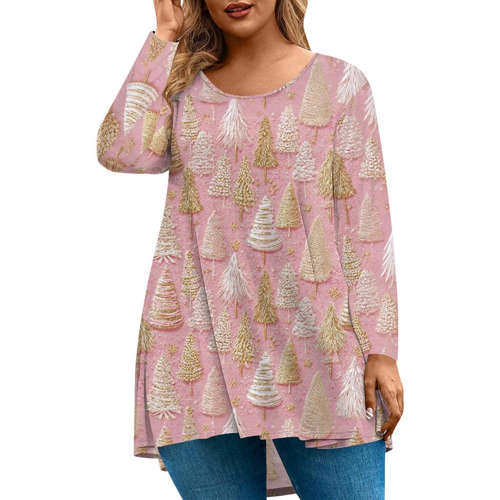 Women's Fashion Large Size Round Neck Long Sleeve Casual Christmas Print Loose Pullover Top
