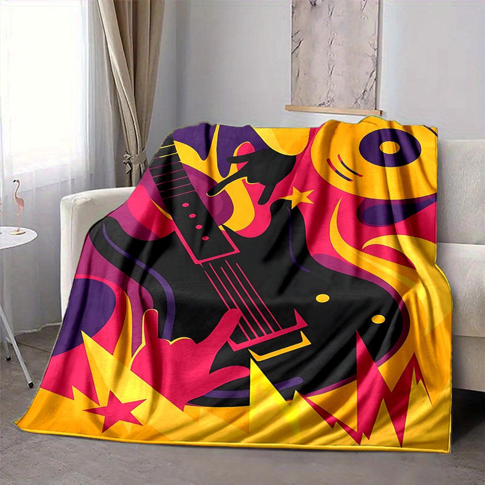1pc Guitar Music Print Blanket - Lightweight Flannel Throw Blanket For Sofa, Bed, Living Room, Office, Outdoor Travel, Camping, Soft All-Season074
