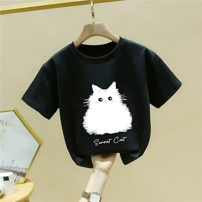 Summer Kids Cotton Short Sleeve T Shirt Cute Cat Print Boys Girls Half Sleeve Top