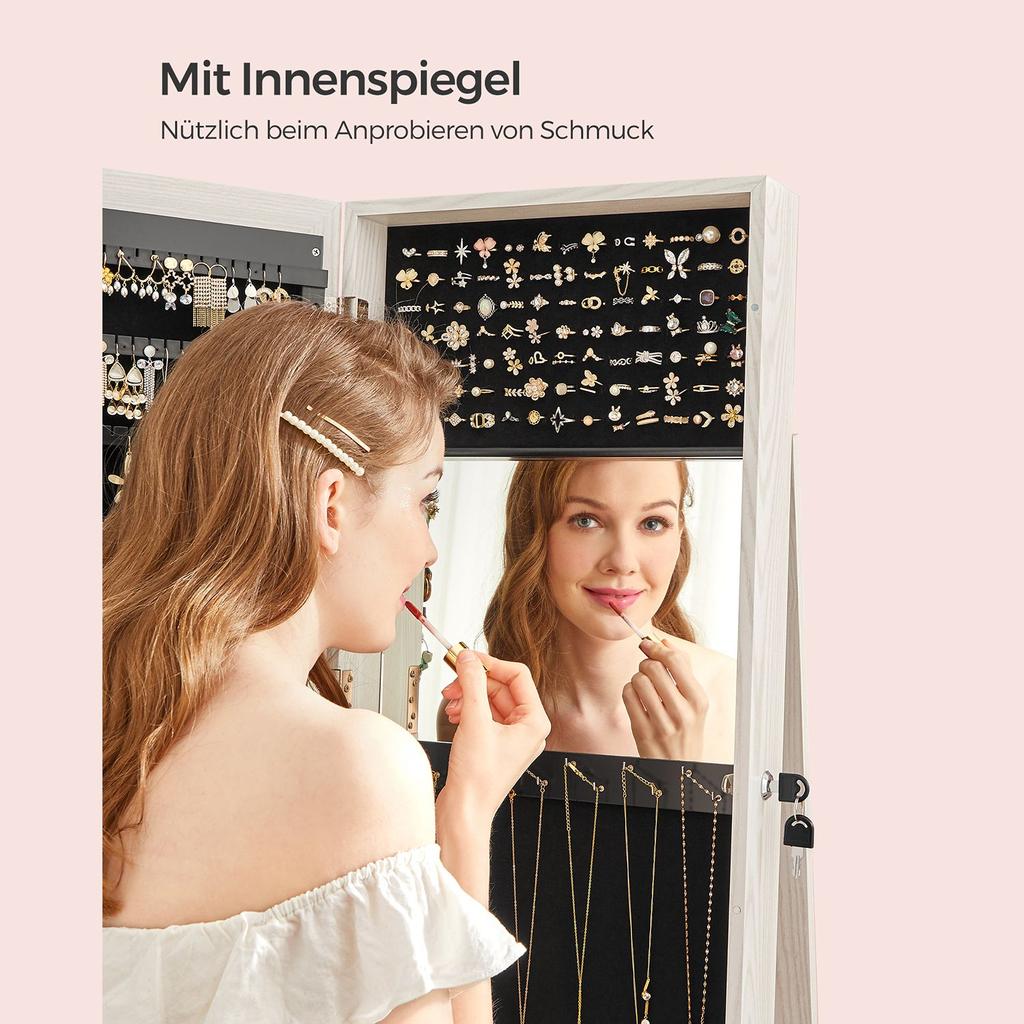 SONGMICS Freestanding Jewellery Cabinet, 360 degrees Swivel Jewellery Organiser with Mirror, Shelves, 3-in-1 Lockable Jewellery Armoire
