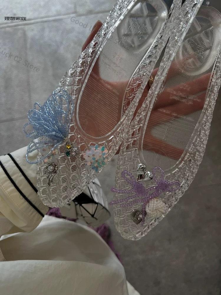 Fashion New Style Pointed-toe Open-toe Sandals with Flat Sole, Jelly-style Shoes, DIY Shoes, Floral Handcrafted with Crystals and Nettin
