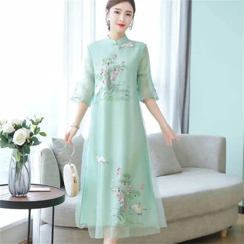 Summer Women Cheongsam Improved Dress Retro Elegant Embroidery Long Dresses Floral Party Dress Chinese Female Clothing