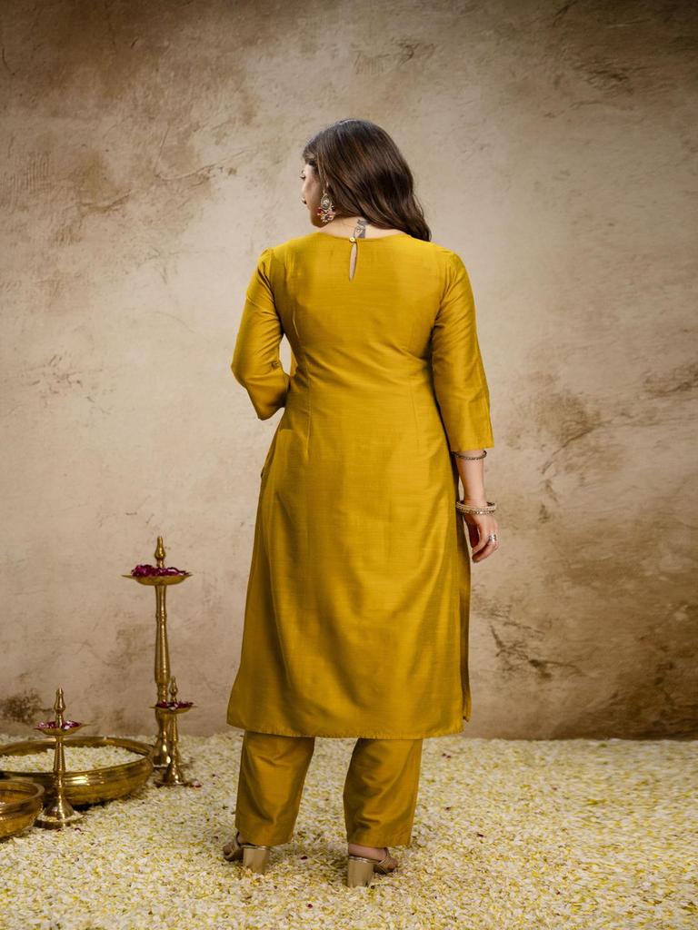Women Mustard Kurta Set with Banarasi Dupatta Embroidered Ethnic Festive Wear