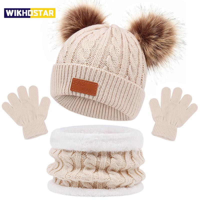 Winter Children's Scarf Hat Three-Piece Set with Pom-Pom Baby Infant Knitted Hat Warm Wool Thickened