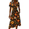 Womens Halloween Print Casual V Neck Short Sleeve Midi Dress with Elastic Waist and Floral Pattern for Seasonal Wear