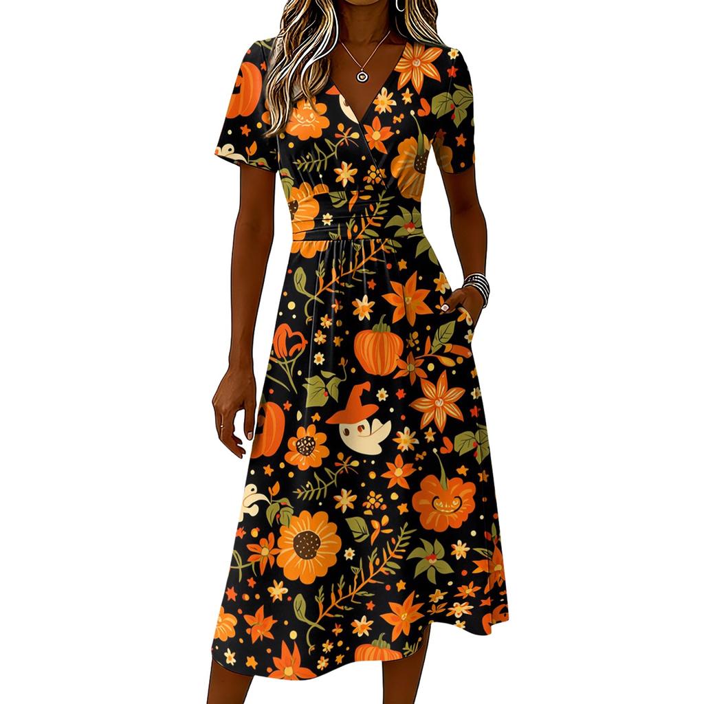 Womens Halloween Print Casual V Neck Short Sleeve Midi Dress with Elastic Waist and Floral Pattern for Seasonal Wear