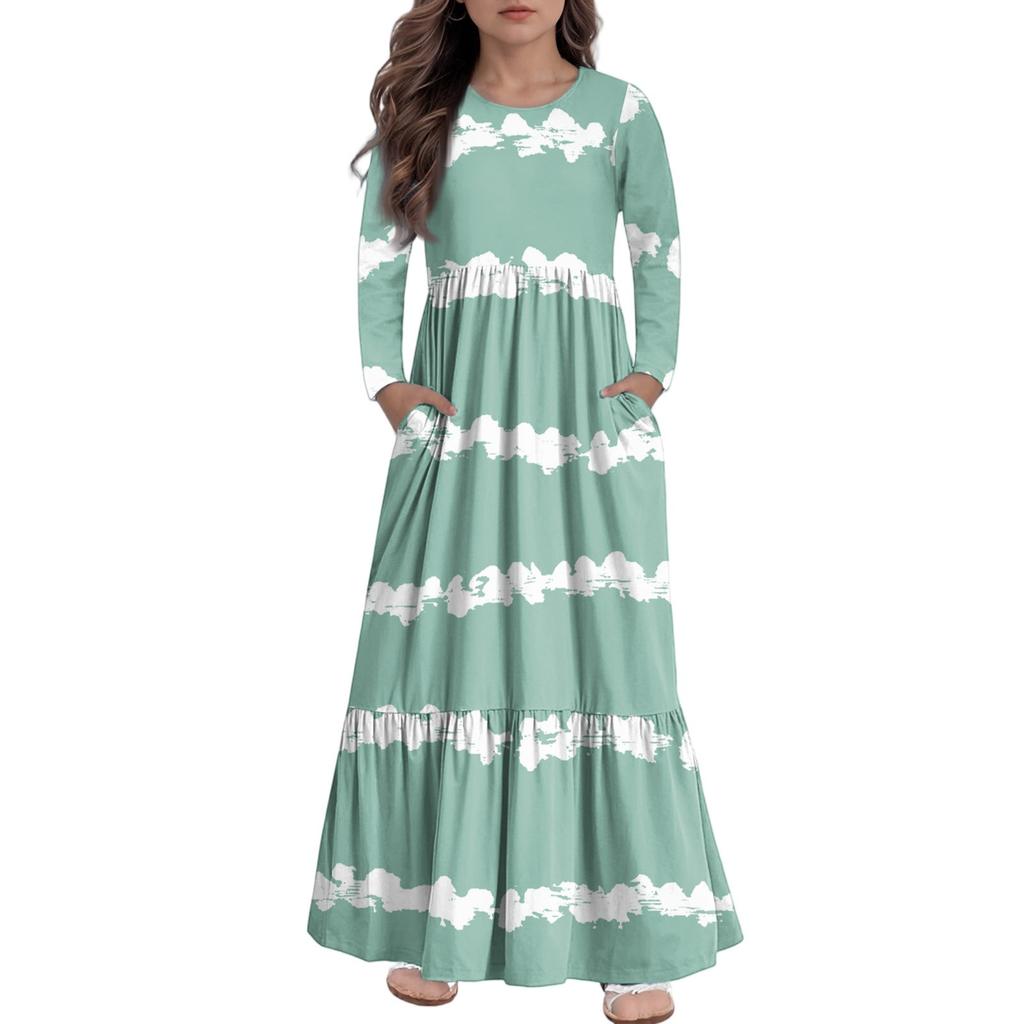 Maxikleid für Mädchen, lässige Urlaubskleider - Langarmkleid mit Taschen für 4-14J